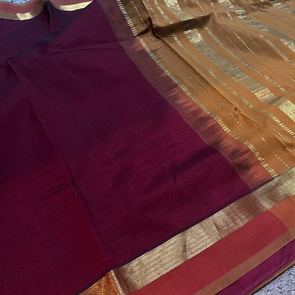 Maroon Chanderi Silk Saree with Zari Border - Picture 1 of 5